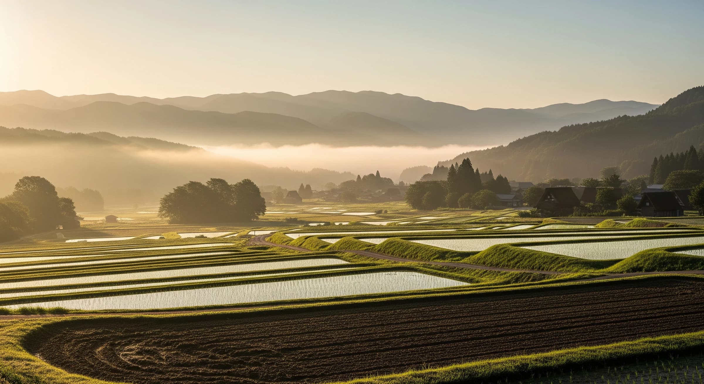 長野県の里山と棚田の朝靄に包まれた風景